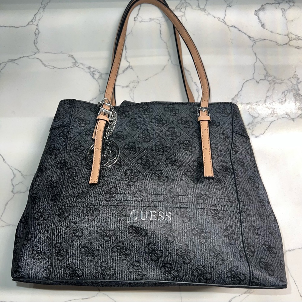 Guess Black Monogram Tote with Tan Handles